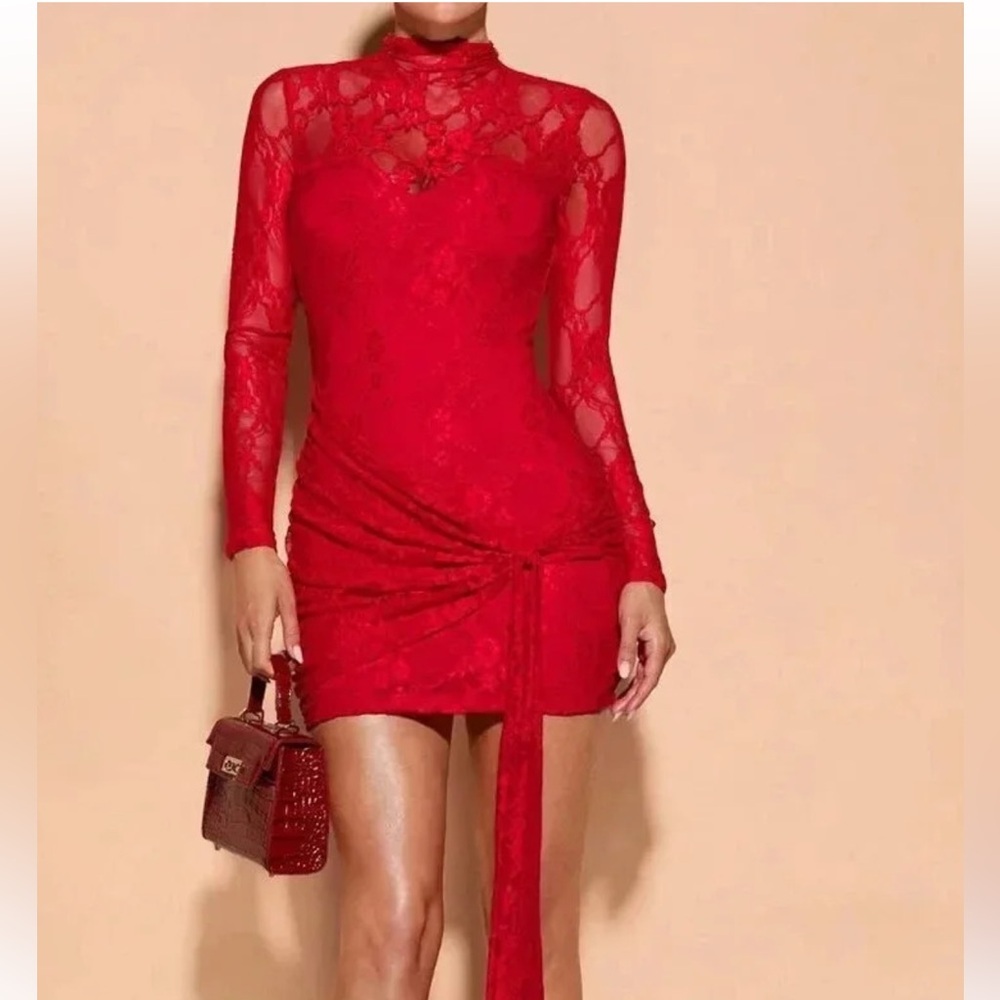 Red Sexy Women's Lace Sheer Long Sleeve Ribbon Dress